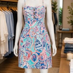 Lilly Pulitzer Women Mini Dress Shell Print Cutout Bow Detail Blue Pink Size 2